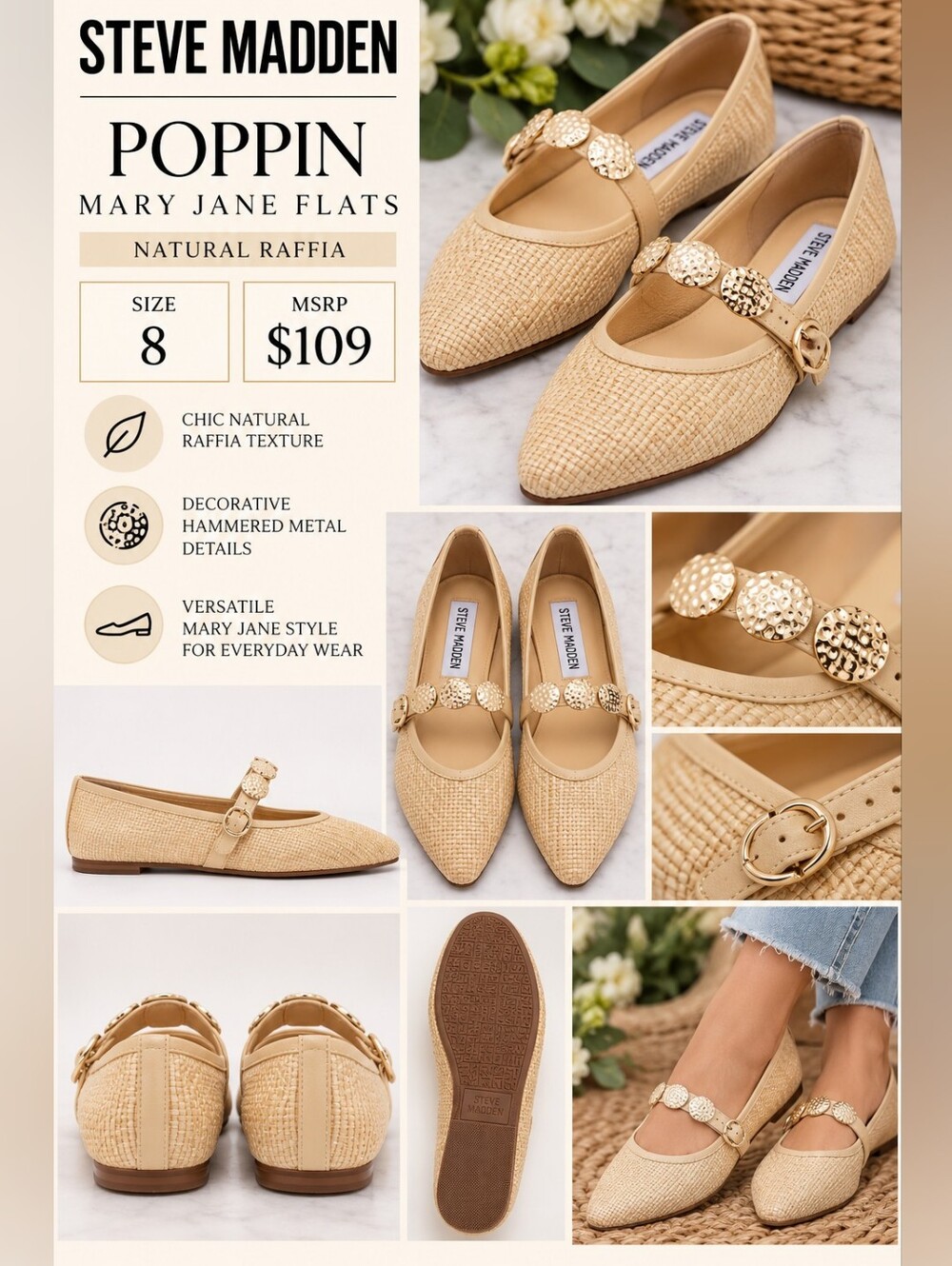 NWOB Steve Madden Mary Jane Flats with Gold Medallion Strap In Natural Rafia.